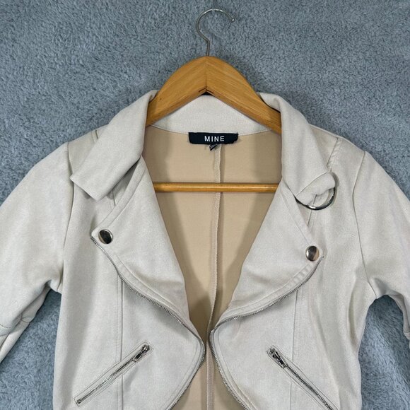 Mine Light Jacket Beige Faux Suede Open Front Zipper Hem Button Detail Jacket - Picture 3 of 10